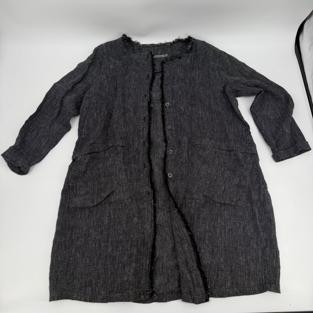Beau Jours Gray Linen Blend Frayed Edge Longline Button Front Cardigan Jacket M